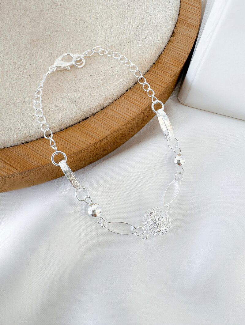 Pulseira Folheada a Prata 925 Elos e Esferas Lisas e Trabalhada