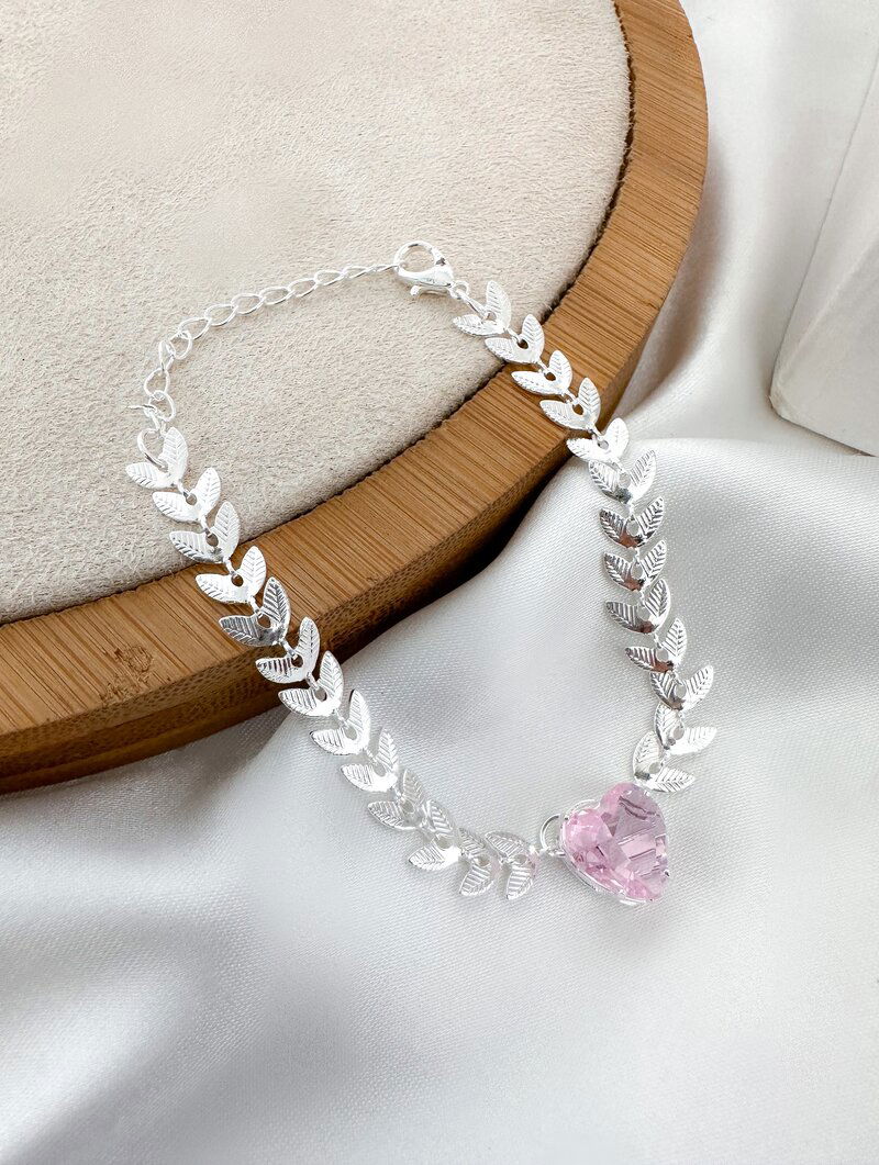 Pulseira Folheada a Prata 925 Escamas com Coração de Zircônia Rosa