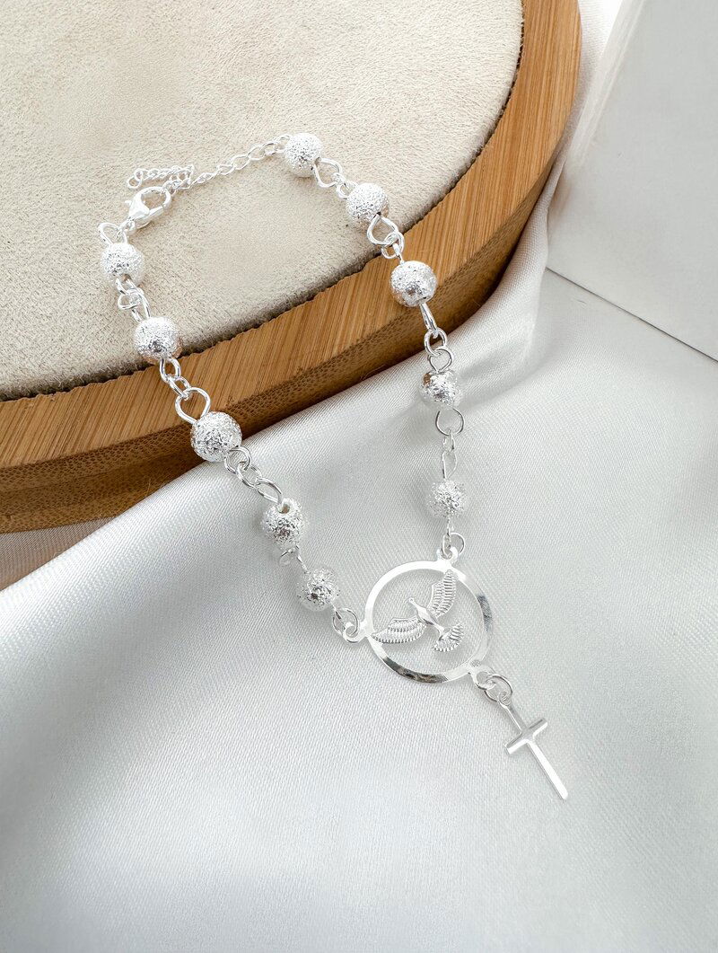 Pulseira Folheada a Prata 925 Esferas Texturizadas com Pingente Espírito Santo