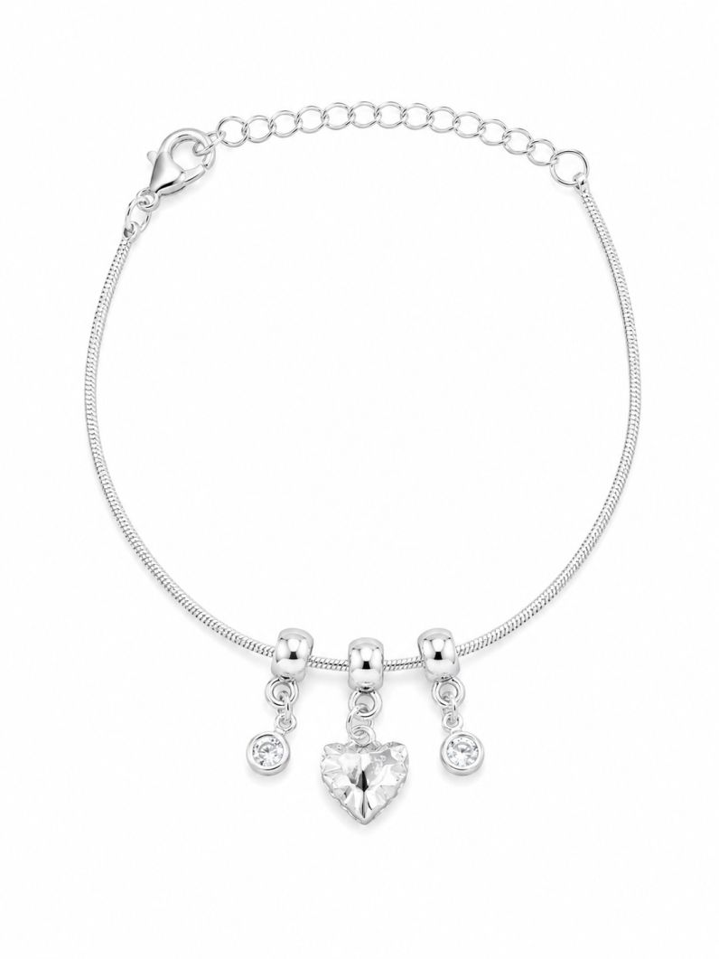 Pulseira Folheada a Prata 925 Pingente Coração Martelado e Cristal