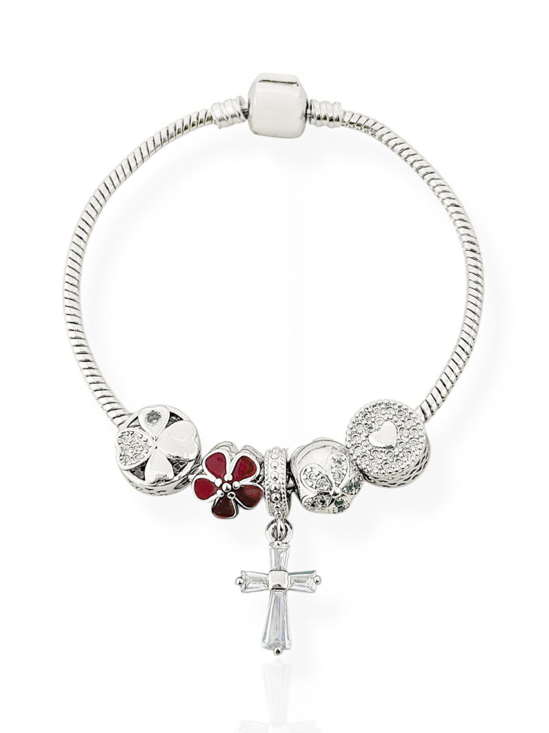 Pulseira Folheada a Prata 925 Com Berloques Cruz, Coração e Flor