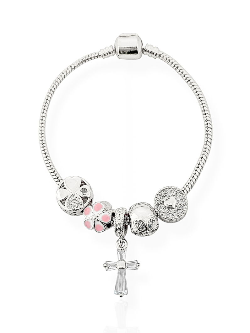 Pulseira Folheada a Prata 925 Com Berloques Cruz, Coração e Flor