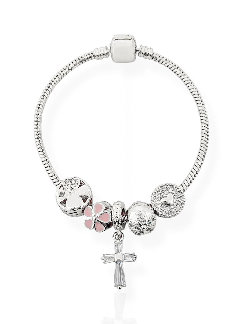 Pulseira Folheada a Prata 925 Com Berloques Cruz, Coração e Flor