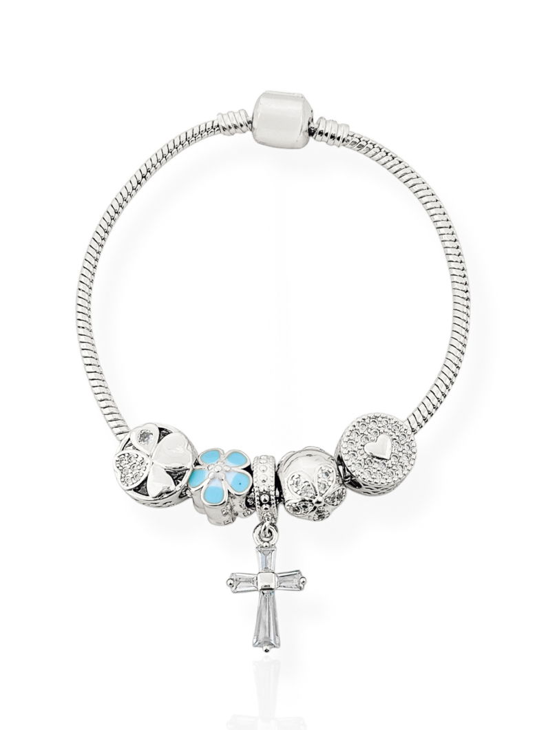 Pulseira Folheada a Prata 925 Com Berloques Cruz, Coração e Flor
