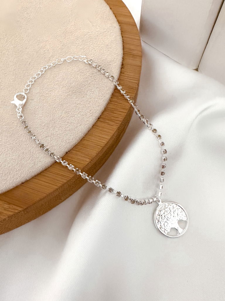 Pulseira folheada de micro zircônias com pingente arvore da vida.