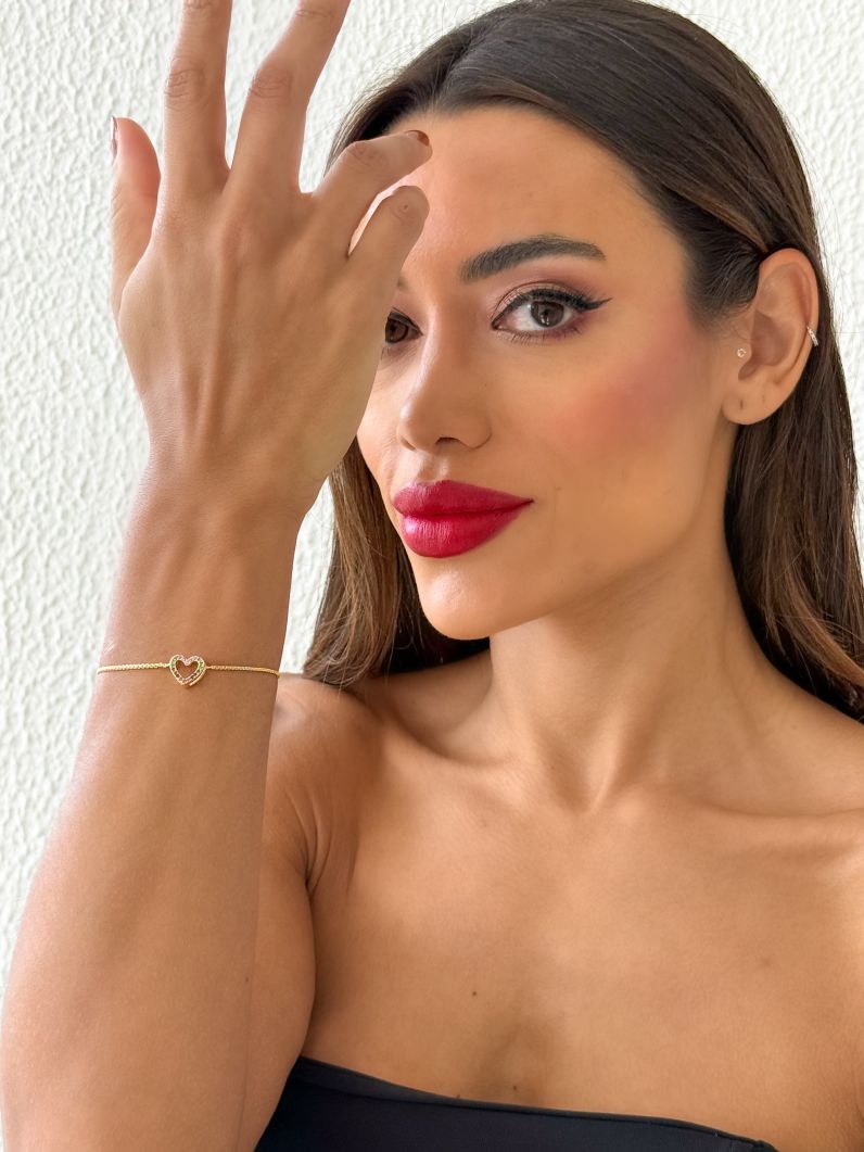 Pulseira Folheado a Ouro 18k Coração Vazado Colorido
