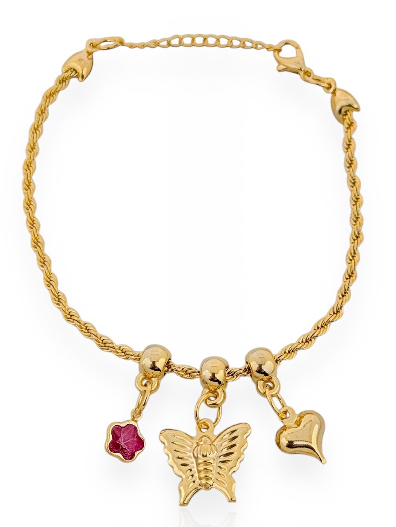 Pulseira Folheado a Ouro 18k Cordão Baiano Com Coração e Borboleta