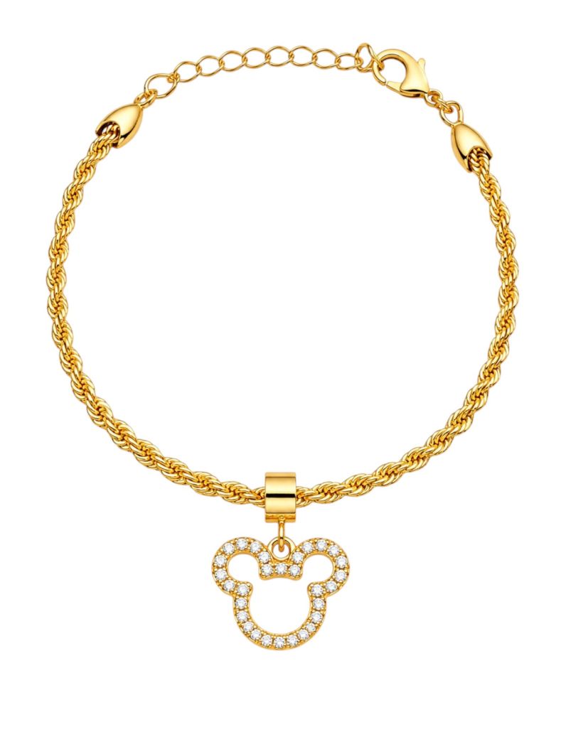 Pulseira Folheado a Ouro 18k Cordão Baiano Com Pingente Mickey Cravejado