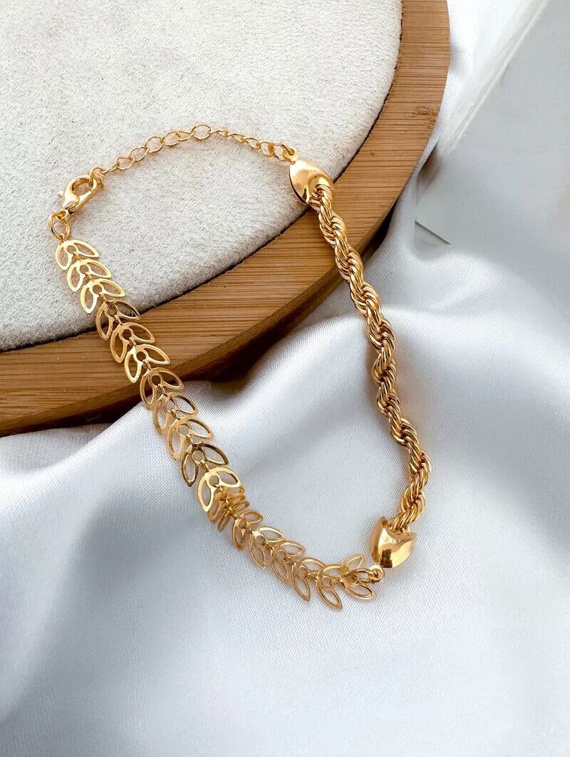 Pulseira Folheado a Ouro 18K Cordão Baiano e Ramos Vazados
