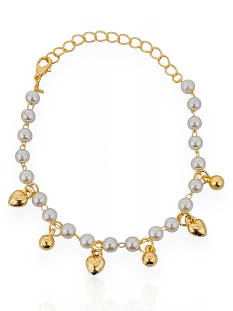 Pulseira Folheado a Ouro 18k Corrente com Pérolas, Corações e Esferas