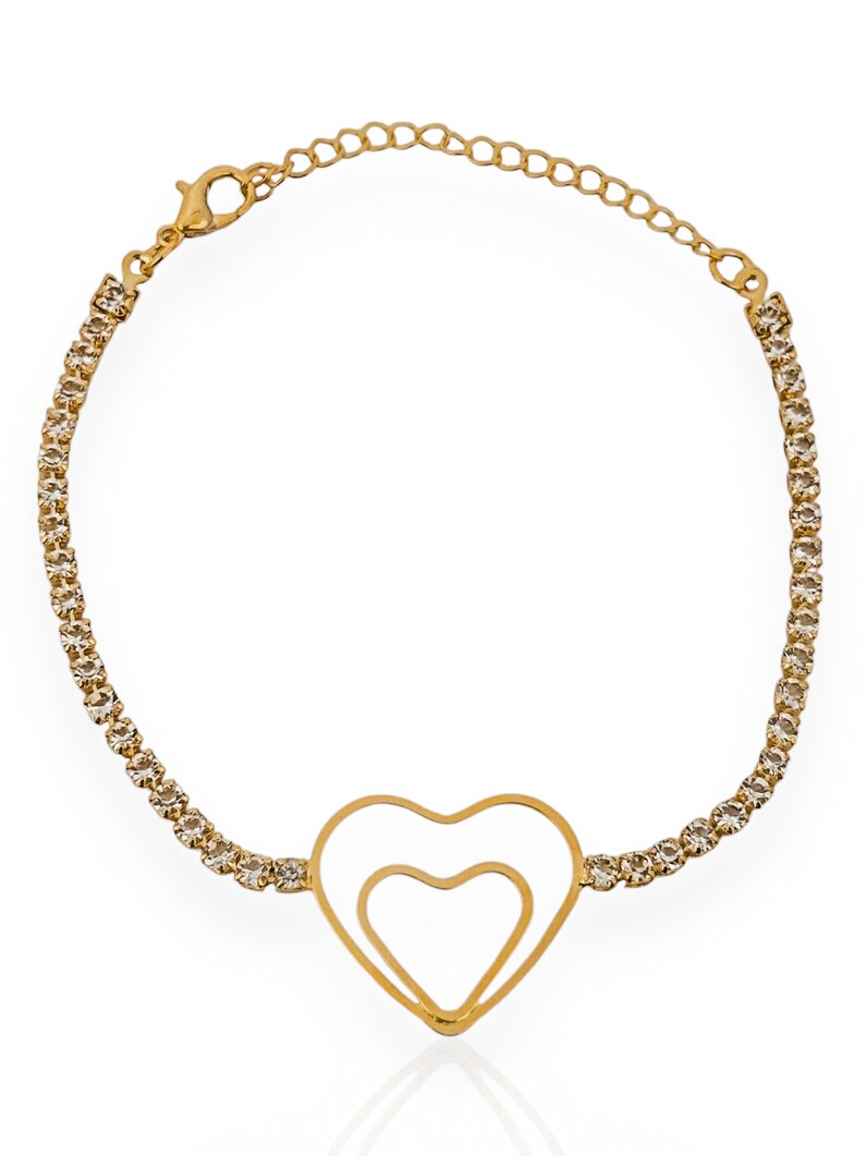 Pulseira Folheado a Ouro 18k Corrente Cravejada com Coração Duplo Vazado no Meio