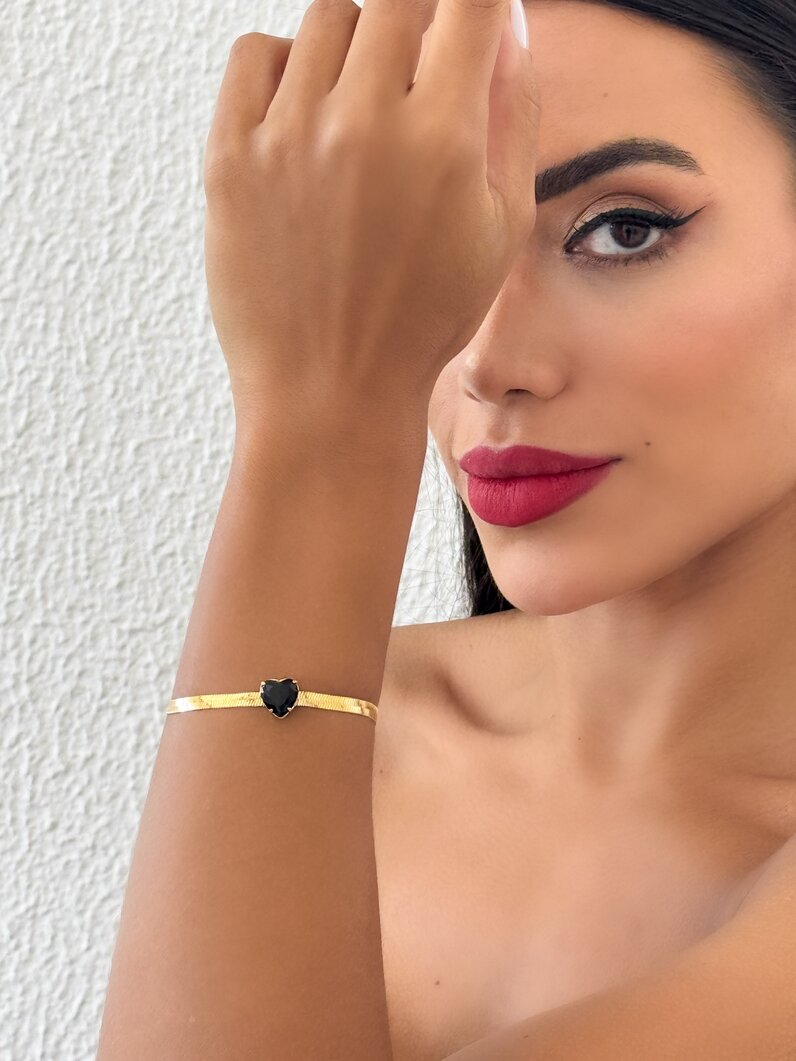 Pulseira Folheado a Ouro 18k Corrente Laminada com Coração de Zircônia