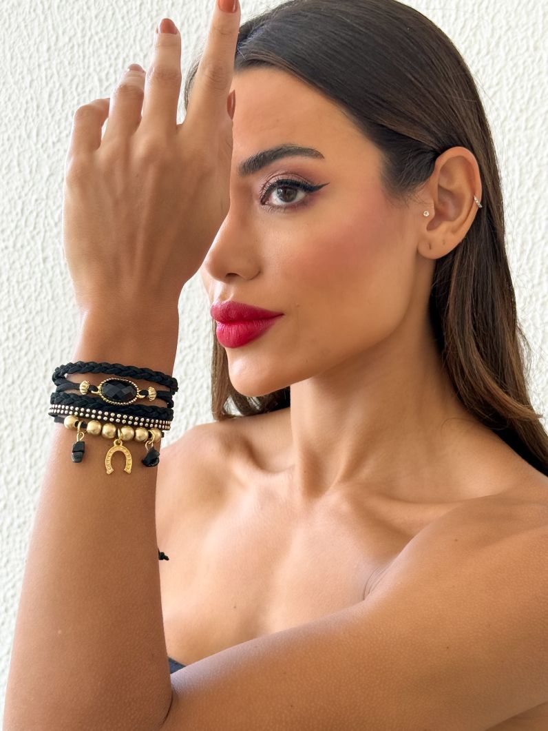 Pulseira Folheado a Ouro 18k Courinho com Pedras Naturais