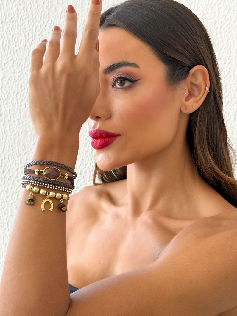 Pulseira Folheado a Ouro 18k Courinho com Pedras Naturais