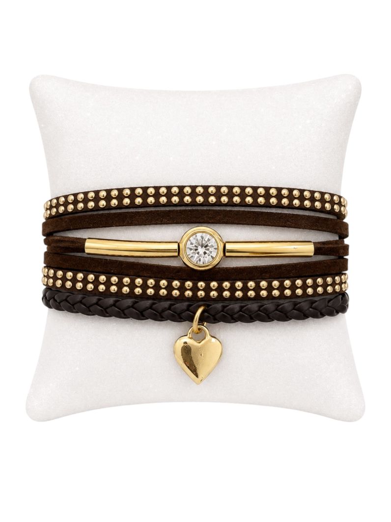 Pulseira Folheado a Ouro 18k Courinho Ponto de Luz e Coração