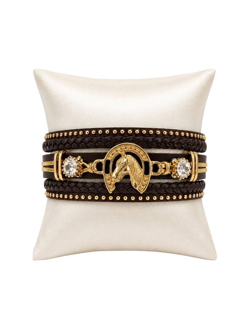 Pulseira Folheado a Ouro 18k Courinho Ponto de Luz e Pingente Ferradura