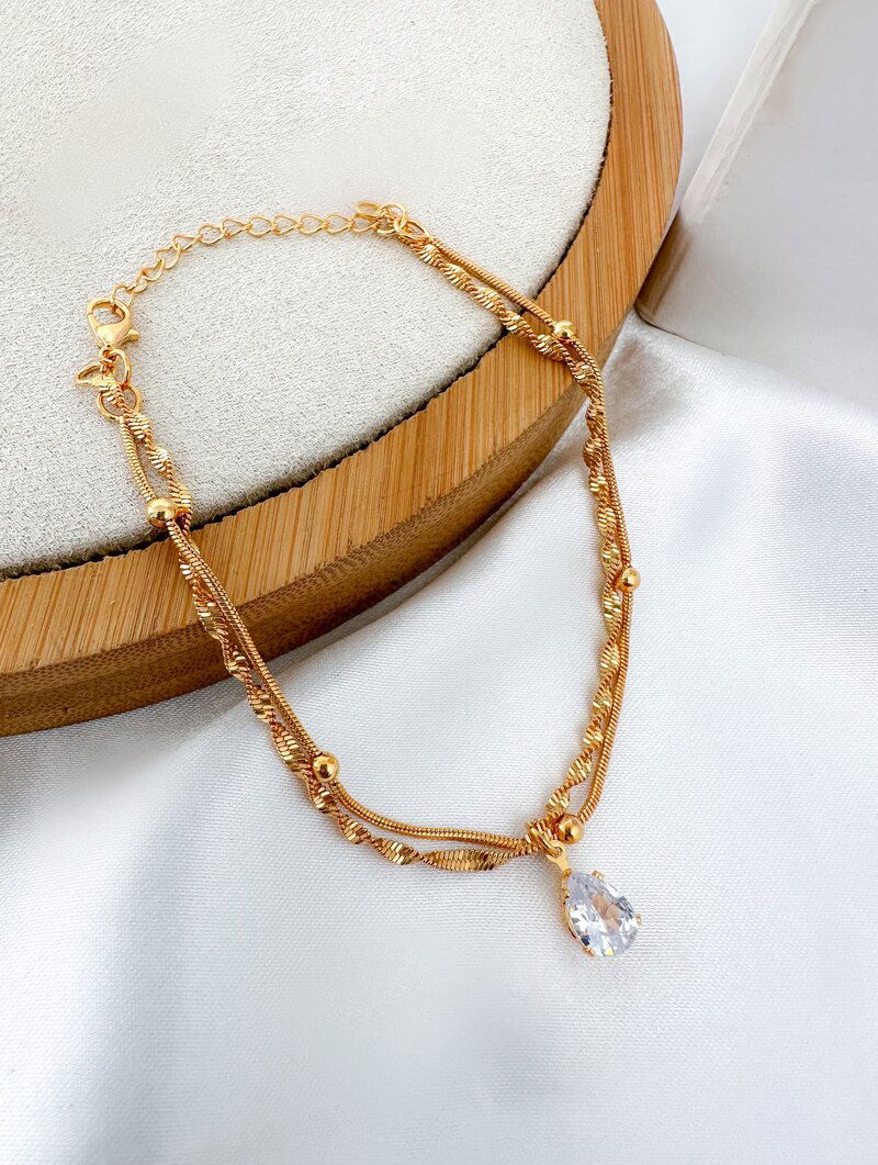 Pulseira Folheado a Ouro 18k Dois Fios com Cordão Torcido e Gota de Zircônia