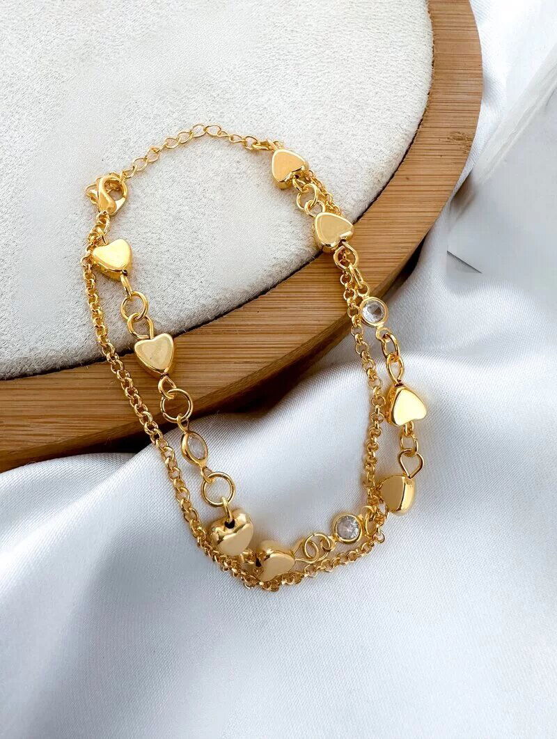 Pulseira Folheado a Ouro 18K Dois Fios Corações e Ponto de Luz.