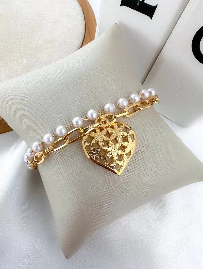 Pulseira Folheado a Ouro 18k Dois Fios Pérolas e Elos com Coração
