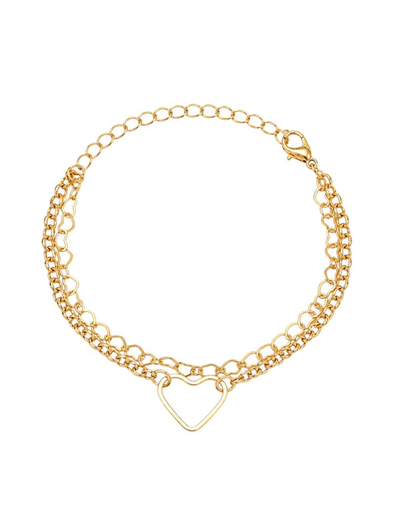 Pulseira Folheado a Ouro 18k Duplo Corações Vazado Com elos