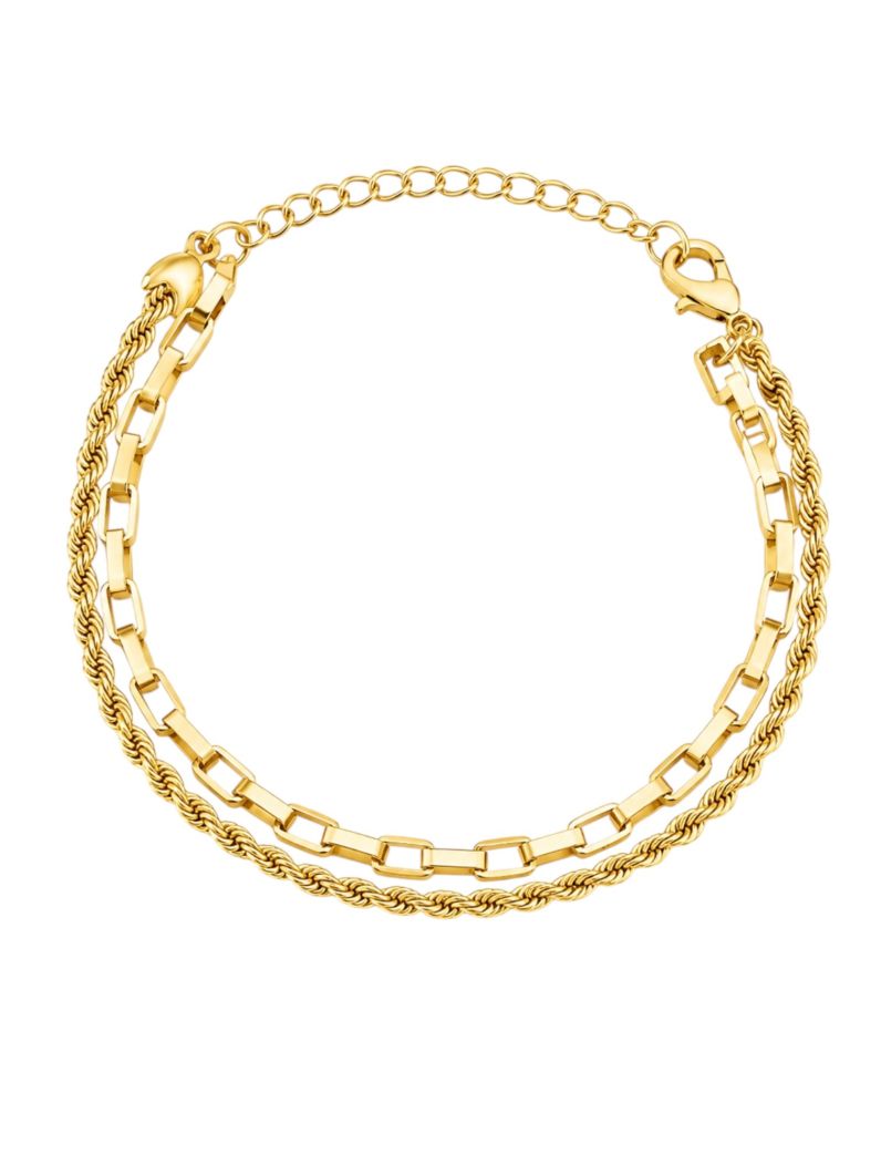 Pulseira Folheado a Ouro 18k Duplo Cordão Baiano e Elos Quadrado