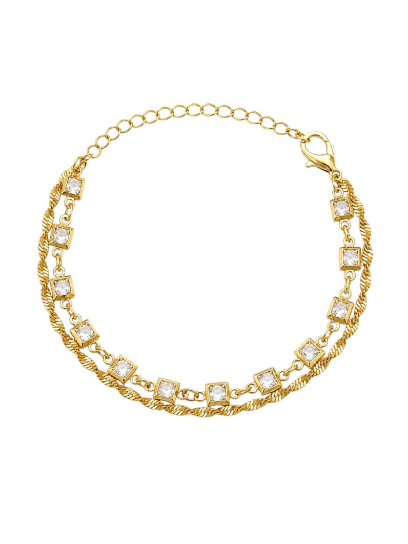 Pulseira Folheado a Ouro 18k Duplo Cordão Torcido Com Quadrado Cristal