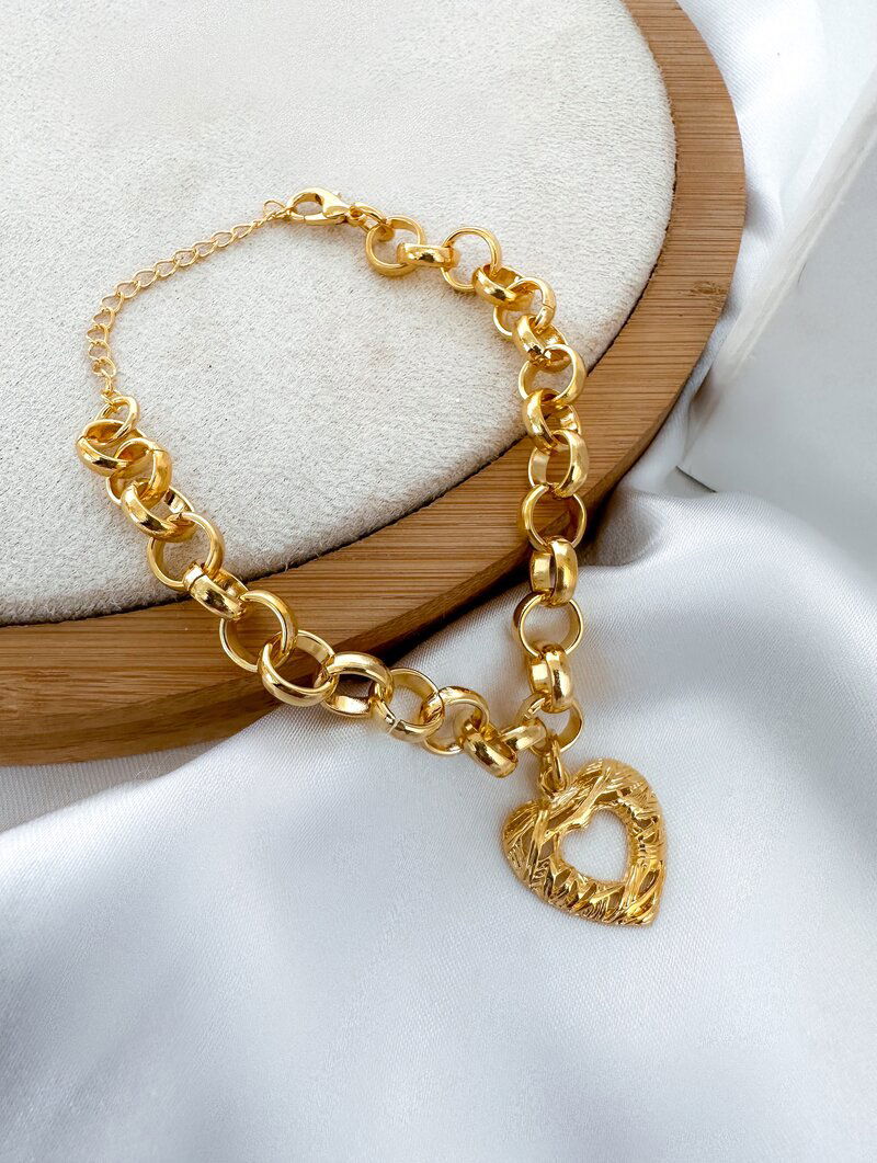 Pulseira Folheado a Ouro 18K e a Prata Elos Redondos com Coração Vazado