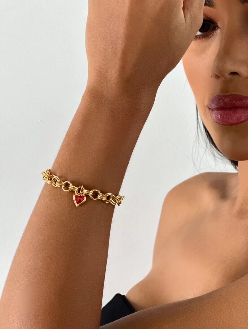 Pulseira Folheado a Ouro 18k e Prata 925 Elos Duplos com Coração de Zircônia