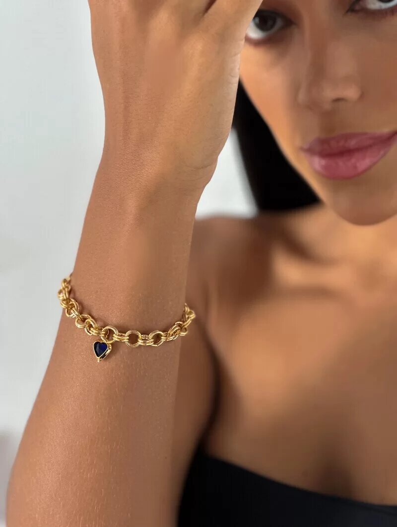 Pulseira Folheado a Ouro 18k e Prata 925 Elos Duplos com Coração de Zircônia