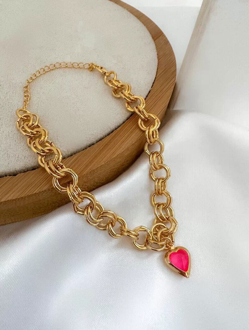 Pulseira Folheado a Ouro 18k e Prata 925 Elos Duplos com Coração de Zircônia