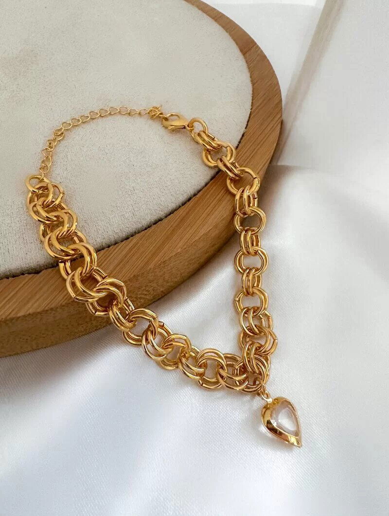 Pulseira Folheado a Ouro 18k e Prata 925 Elos Duplos com Coração de Zircônia