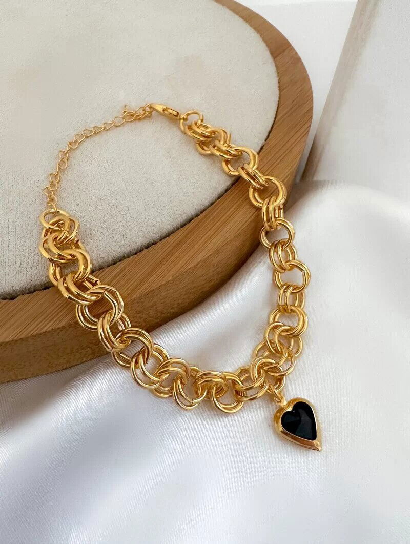 Pulseira Folheado a Ouro 18k e Prata 925 Elos Duplos com Coração de Zircônia