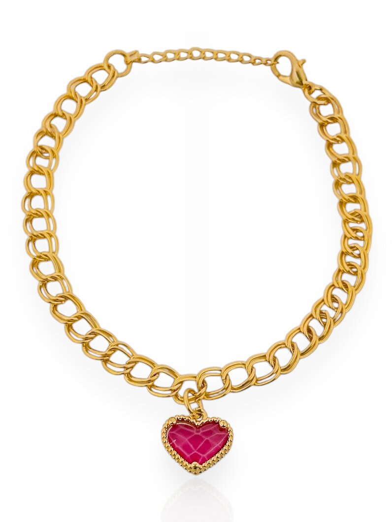 Pulseira Folheado a Ouro 18k e Prata 925 Elos Entrelaçados com Coração de Cristal