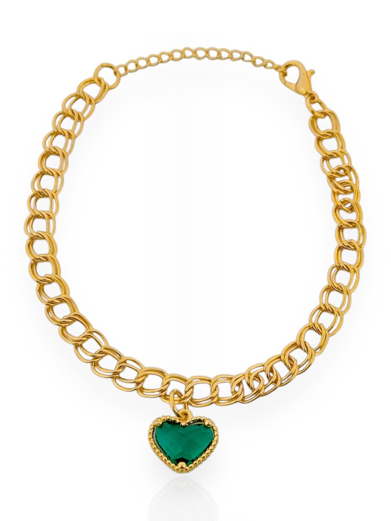 Pulseira Folheado a Ouro 18k e Prata 925 Elos Entrelaçados com Coração de Cristal