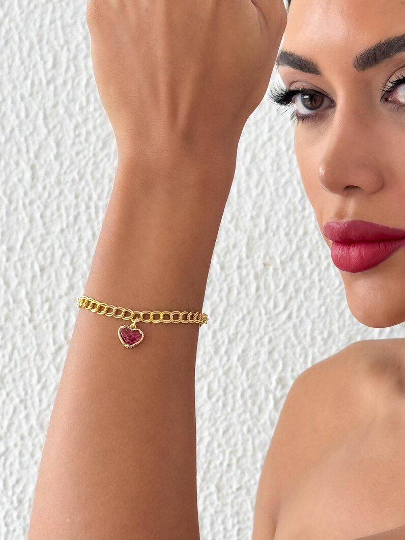 Pulseira Folheado a Ouro 18k e Prata 925 Elos Entrelaçados com Coração de Cristal