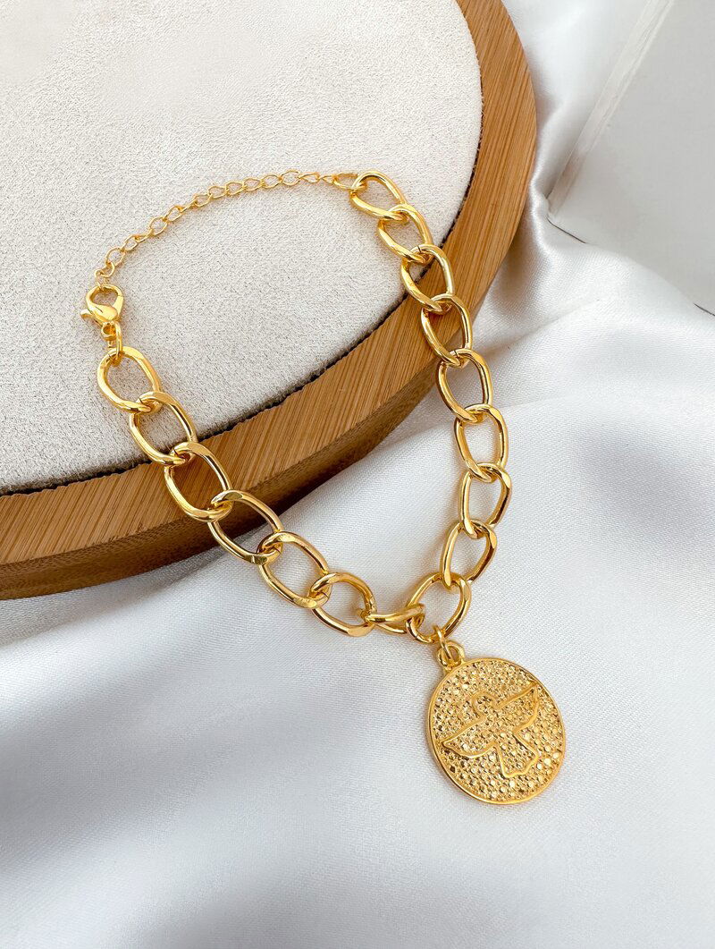 Pulseira Folheado a Ouro 18k e Prata 925 Pingente Texturizado com Espírito Santo