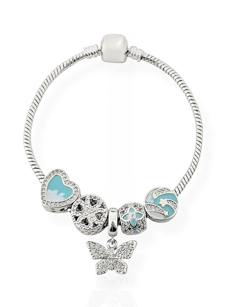Pulseira Semi Joia Folheado a Prata 925 Com Berloques de Coração, Trevo, Inspiração Vg e Borboleta