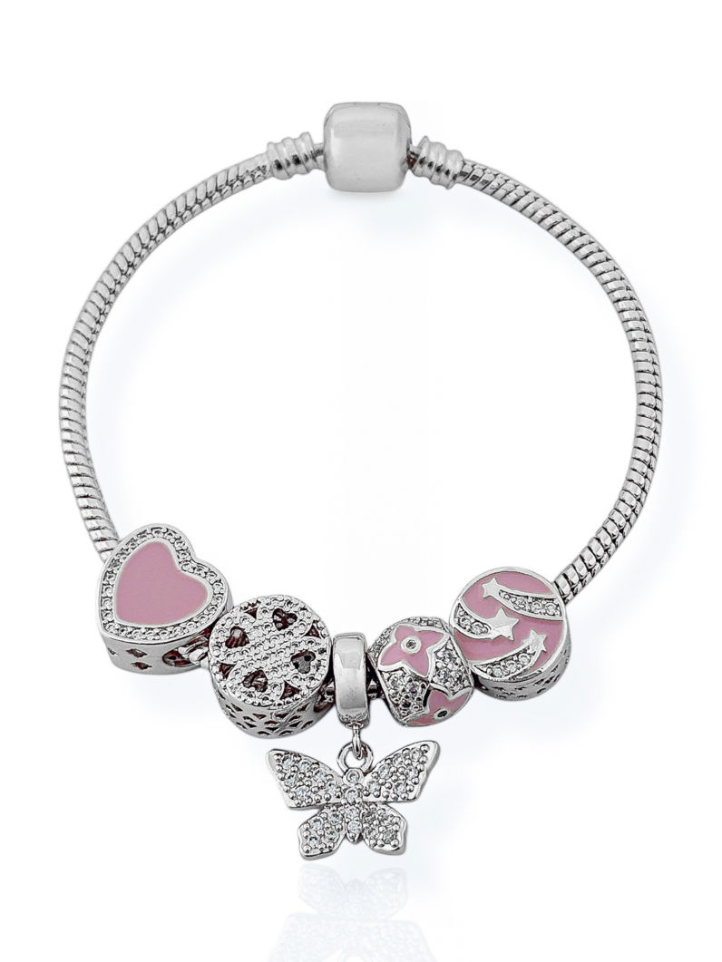 Pulseira Semi Joia Folheado a Prata 925 Com Berloques de Coração, Trevo, Inspiração Vg e Borboleta
