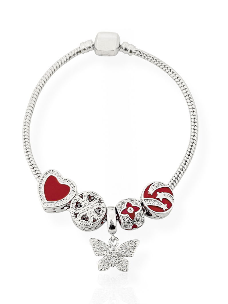 Pulseira Semi Joia Folheado a Prata 925 Com Berloques de Coração, Trevo, Inspiração Vg e Borboleta