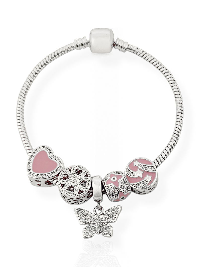Pulseira Semi Joia Folheado a Prata 925 Com Berloques de Coração, Trevo, Inspiração Vg e Borboleta