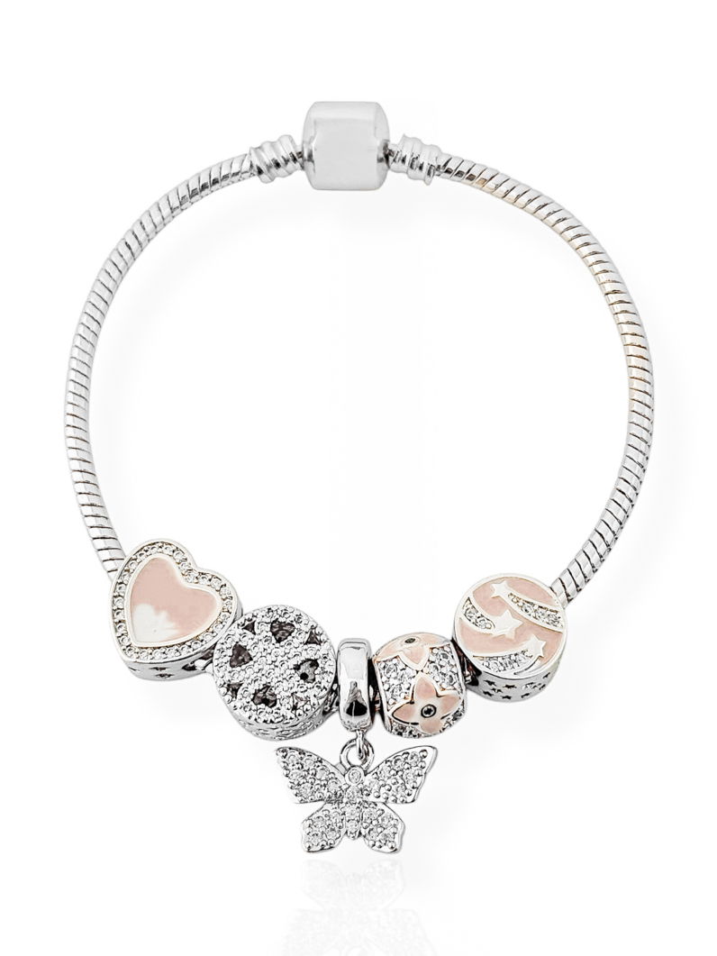 Pulseira Semi Joia Folheado a Prata 925 Com Berloques de Coração, Trevo, Inspiração Vg e Borboleta