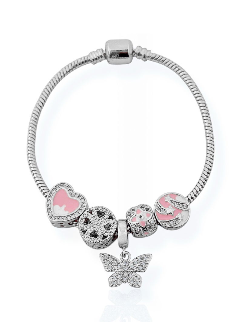 Pulseira Semi Joia Folheado a Prata 925 Com Berloques de Coração, Trevo, Inspiração Vg e Borboleta