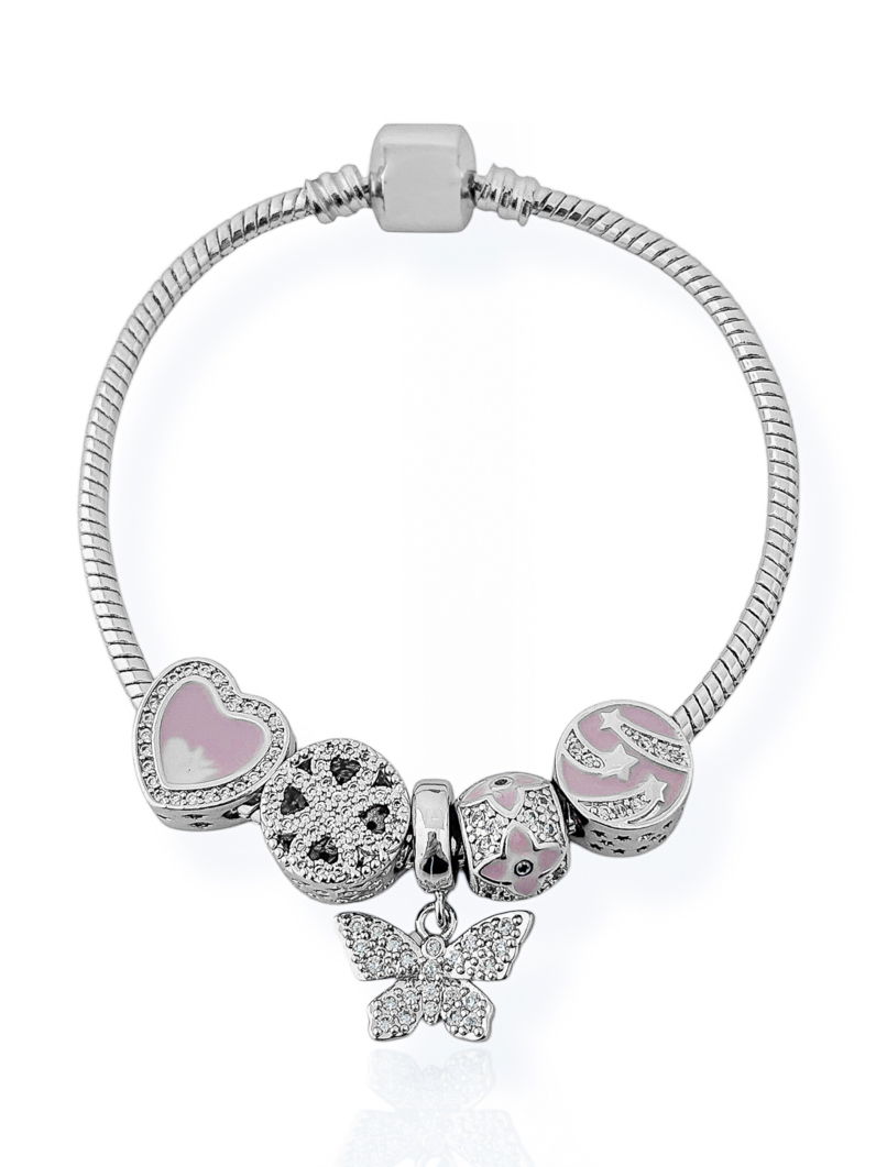 Pulseira Semi Joia Folheado a Prata 925 Com Berloques de Coração, Trevo, Inspiração Vg e Borboleta
