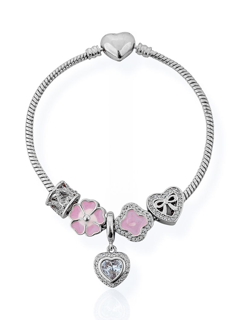 Pulseira Folheado a Ouro 18k e Prata Com Berloques Inspiração Vg Cravejado Com Flor e Micro Zircônia