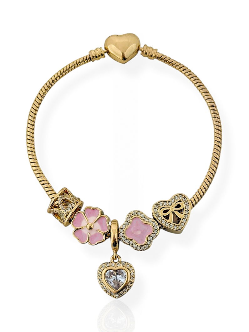 Pulseira Folheado a Ouro 18k e Prata Com Berloques Inspiração Vg Cravejado Com Flor e Micro Zircônia