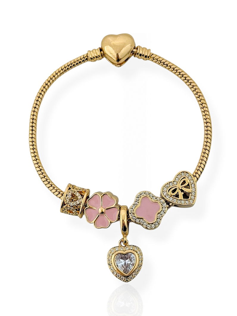 Pulseira Folheado a Ouro 18k e Prata Com Berloques Inspiração Vg Cravejado Com Flor e Micro Zircônia