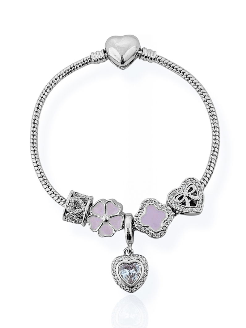 Pulseira Folheado a Ouro 18k e Prata Com Berloques Inspiração Vg Cravejado Com Flor e Micro Zircônia