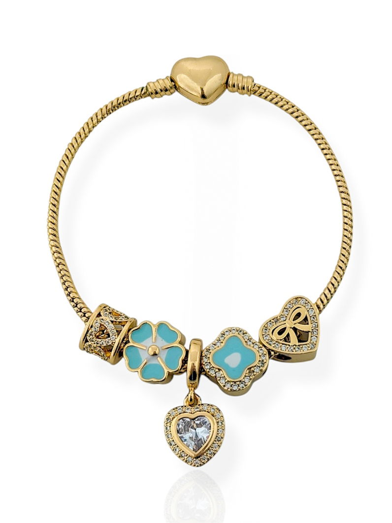 Pulseira Folheado a Ouro 18k e Prata Com Berloques Inspiração Vg Cravejado Com Flor e Micro Zircônia