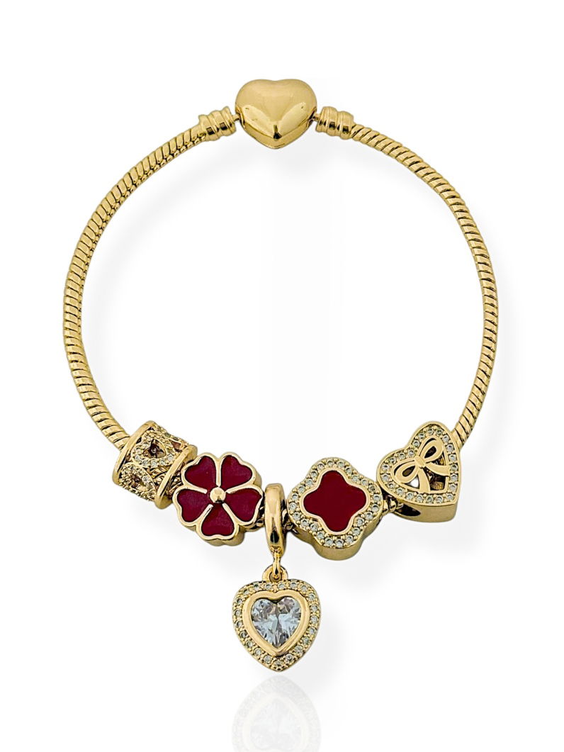 Pulseira Folheado a Ouro 18k e Prata Com Berloques Inspiração Vg Cravejado Com Flor e Micro Zircônia