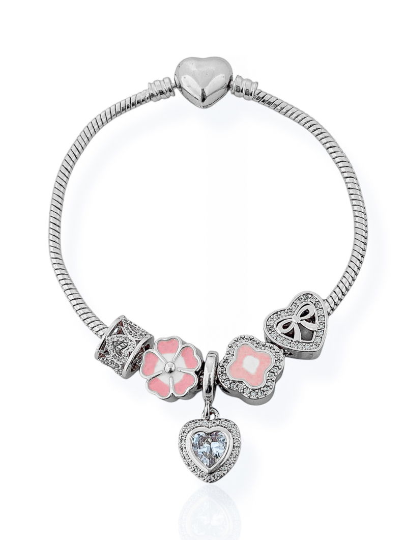 Pulseira Folheado a Ouro 18k e Prata Com Berloques Inspiração Vg Cravejado Com Flor e Micro Zircônia
